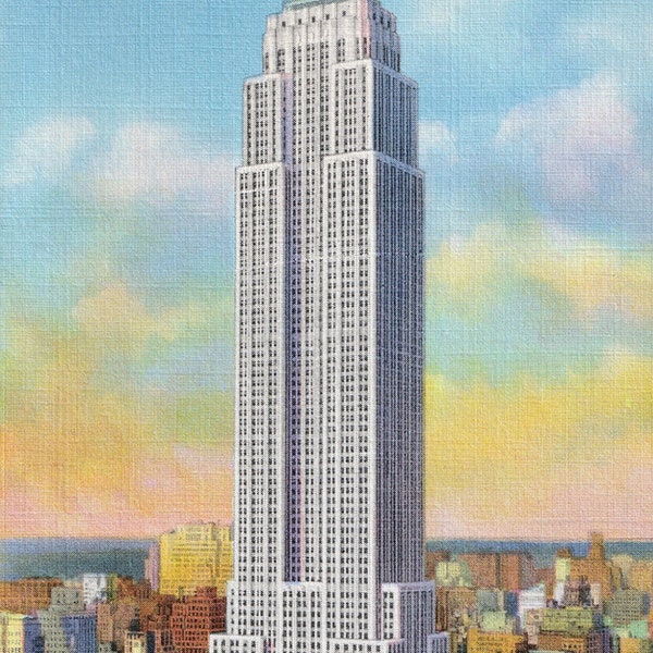 NYC Small Print: Retro Empire State Building Halftone Vintage Reproduction | New York City | 1930s Postcard Art Travel Flat Card