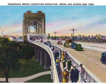 NYC Poster: Retro Triborough Bridge Halftone Vintage Reproduction, Manhattan, Bronx & Queens New York City 1930s Postcard Art Print Bridge
