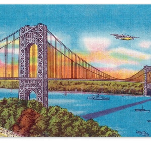 NYC Small Print, 4x6" Carte postale : Rétro George Washington Bridge Halftone vintage Reproduction | Hudson River New York City Voyage des années 1930
