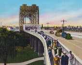 NYC Small Print, 4x6" Postcard: Retro Triborough Bridge Halftone Vintage Reproduction, Manhattan Bronx & Queens New York City 1930s Postcard