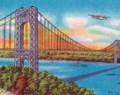 NYC Small Print, 4x6" Postcard: Retro George Washington Bridge Halftone Vintage Reproduction | Hudson River New York City 1930s Travel