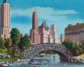 NYC Small Print: Retro Central Park Halftone Vintage Reproduction | New York City, 59th Street & Fifth Avenue | 1930s Postcard Flat Card