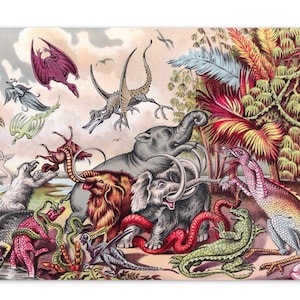 Animaux préhistoriques et reptiles petits caractères, carte postale 4x6" | Dinosaures victoriens Mammoth Pterodactyl Mastadon Prehistoric Dinosaur Flat Card