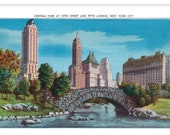 NYC Poster: Retro Central Park Halftone Vintage Reproduction | New York City, 59th Street & Fifth Avenue | 1930s Postcard Art Print