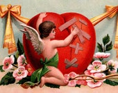 Victorian Cupid Mending Broken Heart Small Print, 4x6" Postcard: 1900s Style Old Fashioned Valentine Flat Card Romantic Love Gift