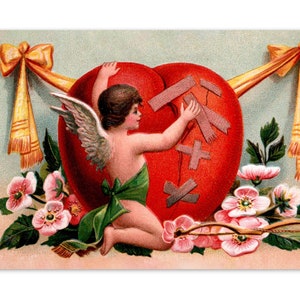 Cupido victoriano reparando corazón roto letra pequeña, postal de 4x6": estilo de la década de 1900 Tarjeta plana de San Valentín antigua Regalo de amor romántico
