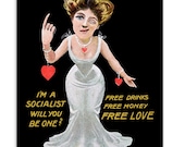 Flirty Free Love Socialist Small Print, 4x6" Postcard Retro Edwardian Woman, Socialism Anti-Capitalist Leftist Valentine Flat Card Gift