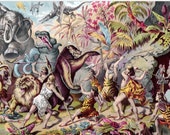 Cave Dwellers Contend with Prehistoric Monsters Small Print, 4x6" Postcard Victorian Cavemen Animals Mammoth Pterodactyl Mastadon Lion Hippo