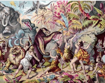 Cave Dwellers Contend with Prehistoric Monsters Small Print, 4x6" Postcard Victorian Cavemen Animals Mammoth Pterodactyl Mastadon Lion Hippo