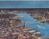 NYC Small Print: Retro East River Vintage Reproduction Brooklyn Manhattan Williamsburg Bridges Night New York City Night 1930s Postcard