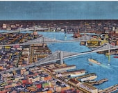 NYC Small Print: Retro East River Vintage Reproduction Brooklyn Manhattan Williamsburg Bridges Night New York City Night 1930s Postcard