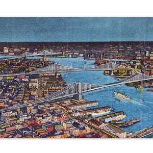 NYC Small Print: Retro East River Vintage Reproduction Brooklyn Manhattan Williamsburg Bridges Night New York City Night 1930s Postcard image 1