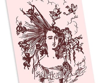 Arranging the Hair Small Print, 4x6" Postcard Retro Beauty Devils Angels Old Fashioned Bad Hair Day Flat Card Hairdresser Stylist Salon Gift