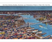 NYC Poster: Retro East River Halftone Vintage Reproduction | Brooklyn Manhattan Williamsburg Bridges at Night New York City 1930s Art Print