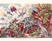 Dinosaur Poster: Prehistoric Animals & Reptiles  Vintage Reproduction, Victorian Dinosaurs Wooly Mammoth Pterodactyl Dinosaur Art Print