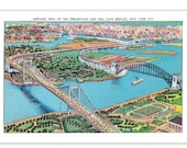 NYC Poster: Retro Triborough and Hell Gate Bridges Halftone | New York City 1930s Vintage Reproduction Bridge Postcard Art Print