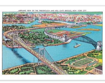 NYC Poster: Retro Triborough and Hell Gate Bridges Halftone | New York City 1930s Vintage Reproduction Bridge Postcard Art Print