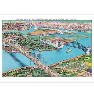 NYC Poster: Retro Triborough and Hell Gate Bridges Halftone | New York City 1930s Vintage Reproduction Bridge Postcard Art Print