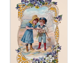 Seaside Victorian Children Small Print, 4x6" Postcard Boy & Girl Playing at Beach Ocean Pansies Floral Old Fashioned Summer Flat Card Gift