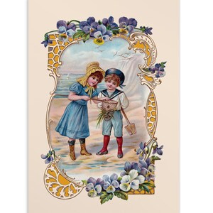 Bord de mer enfants victoriens petits caractères, carte postale 4x6 « garçon et fille jouant à la plage océan pensées florales à l’ancienne carte plate d’été cadeau
