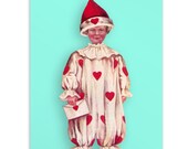 Fool For Your Love Small Print, 4x6" Postcard Victorian Boy in Valentine Clown Pierrot Style Clown Suit with Hearts Flat Card, Small Gift