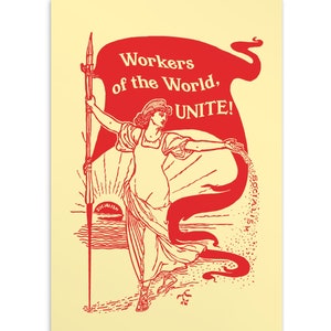 Petits caractères de gauche, carte postale 4x6" | Travailleurs du monde, unissez-vous ! Rétro Walter Crane Style Socialisme Rétro Socialiste Pro-Labour Flat Card