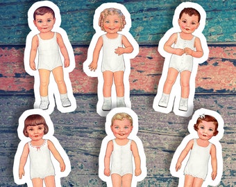 Old Fashioned Paper Dolls Sticker Set | 6 Vinyl Color Vintage Paper Doll Stickers | 1930s Style Stickers, Small Gift
