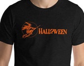 Halloween T-Shirt, Retro Witch | Scary Spooky Unisex Halloween Shirt Witch Flying on Broom