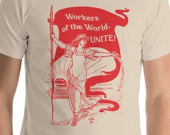 T-shirt gauchiste : Travailleurs du monde, unissez-vous ! | Socialisme rétro unisexe, style Walter Crane, chemise de grève anticapitaliste socialiste rétro