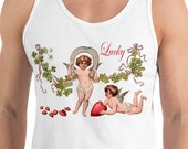 Lucky Tank: Victorian Cherubs with Hearts, Horseshoe and Four Leaf Clovers | Unisex Retro Old-Fashioned Good Luck Lucky Shirt