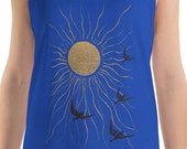 Sun and Birds Tank: Land of the Midnight Sun | Antique Book Cover Blue and Gold Unisex Tank Top, Flying Birds Shirt