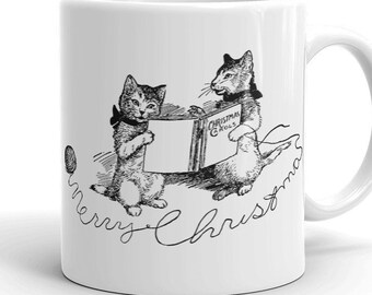 Christmas Mug | Merry Christmas Cats Cup | Retro Caroling Christmas Kittens Holiday Cat, Ceramic Mug