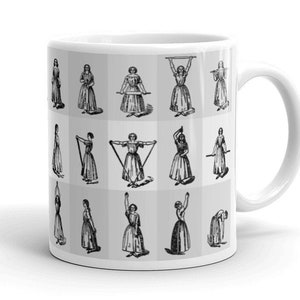 May include: A white ceramic mug with a black and white illustration of a woman performing various exercises. The illustration is repeated 16 times on the mug.