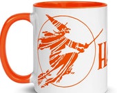 Halloween Mug, Retro Witch | Scary Spooky Halloween Orange Inside Ceramic Mug Witch Flying on Broom