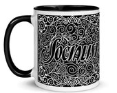 Socialist Mug: Art Nouveau Socialism, Black Interior | Socialist Gift Socialism Leftist Anti-Capitalist Ceramic Mug