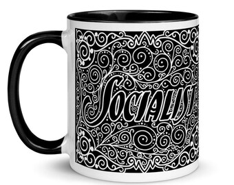 Socialist Mug: Art Nouveau Socialism, Black Interior | Socialist Gift Socialism Leftist Anti-Capitalist Ceramic Mug