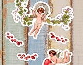 Lucky Cherubs Sticker Set, 5 Vinyl Victorian Cupids Stickers Horseshoe Four Leaf Clovers Romance Good Luck Valentine, Small Gift
