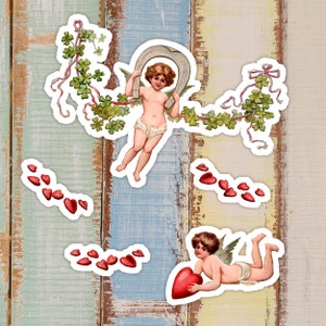 Lucky Cherubs Sticker Set, 5 Vinyl Victorian Cupids Stickers Horseshoe Four Leaf Clovers Romance Good Luck Valentine, Small Gift