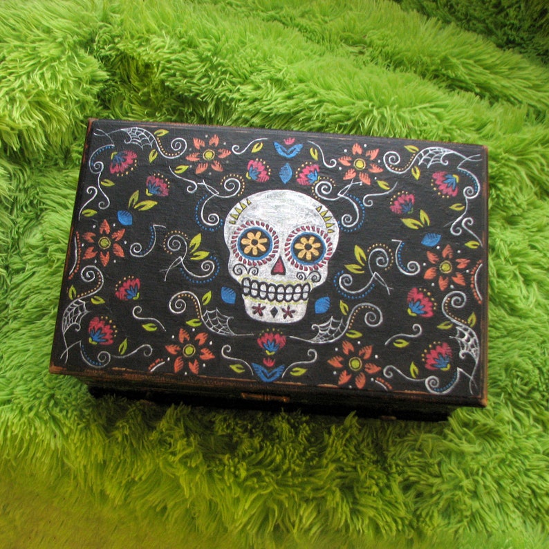 Large Colorful Sugar Skull Upcycled Vintage Jewelry Box Handpainted Decoupaged Distressed Calavera Goth Mexican Inspired Gift for Women