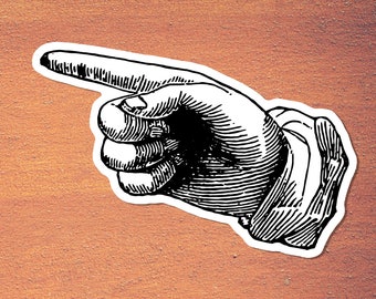 Victorian Pointing Finger #2 Large Vinyl Sticker: Retro Antique Style This Way Hand Point Decal Look Directional Attention Sticker Direction