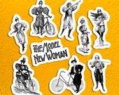 The Model New Woman Sticker Set, 9 Vinyl Victorian Feminist Women in Bloomers, Bicyles, Guns, Retro Feminism, Small Gift