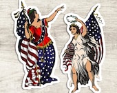 Patriotic Columbia Sticker Set, 2 Large Vinyl Woman, United States Flag & Laurel Stickers American Lady Liberty, Small Gift
