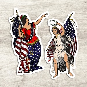 Conjunto de adesivos patrióticos da Colômbia, 2 grandes mulheres de vinil, bandeira dos Estados Unidos e adesivos de louro American Lady Liberty, pequeno presente