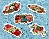 Victorian Sentiments Sticker Set | 5 Vinyl Retro Stickers: Vintage Scraps - Hope, Love, Devotion, Roses, Floral, Small Gift