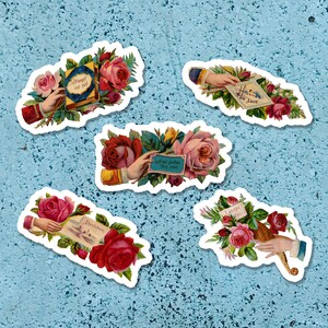 Victorian Sentiments Sticker Set | 5 Vinyl Retro Stickers: Vintage Scraps - Hope, Love, Devotion, Roses, Floral, Small Gift