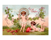 To My Valentine Lucky Postcard 4x6" 1900s Style Old Fashioned Cherubs Horseshoe Four Leaf Clovers Flat Card Romantic Victorian Love Gift