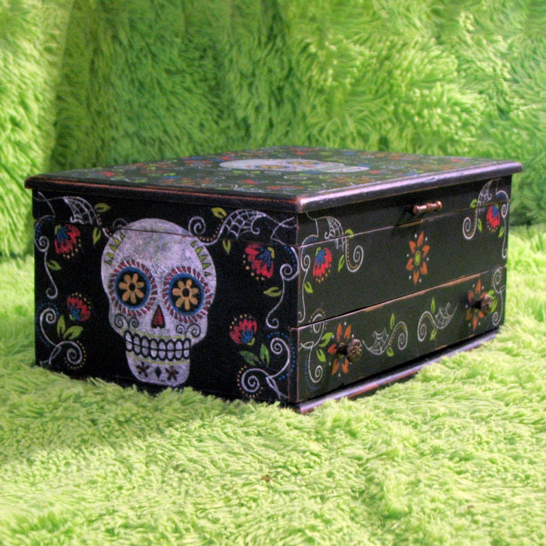 Large Colorful Sugar Skull Upcycled Vintage Jewelry Box Handpainted Decoupaged Distressed Calavera Goth Mexican Inspired Gift for Women