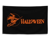 Halloween Flag, Retro Witch 3x5 foot | Scary Spooky Orange and Black, Witch Flying on Broom