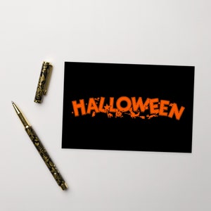 Carte postale d’Halloween 4x6, Retro Witch Bats Cats Jack-o-Lantern Owl Flat Card, Petit cadeau, Petite impression d’art Effrayante Sorcière effrayante volant sur un balai