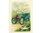 Romantic Small Print: Doves Carrying Love Letters Forget-Me-Nots Four Leaf Clovers Antique Car Postcard Art Flat Card